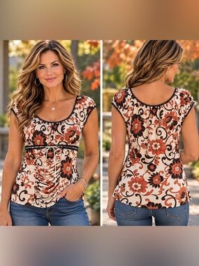 Studio Y Cream Scoop Neck Tunic with Rust & Black Floral Print